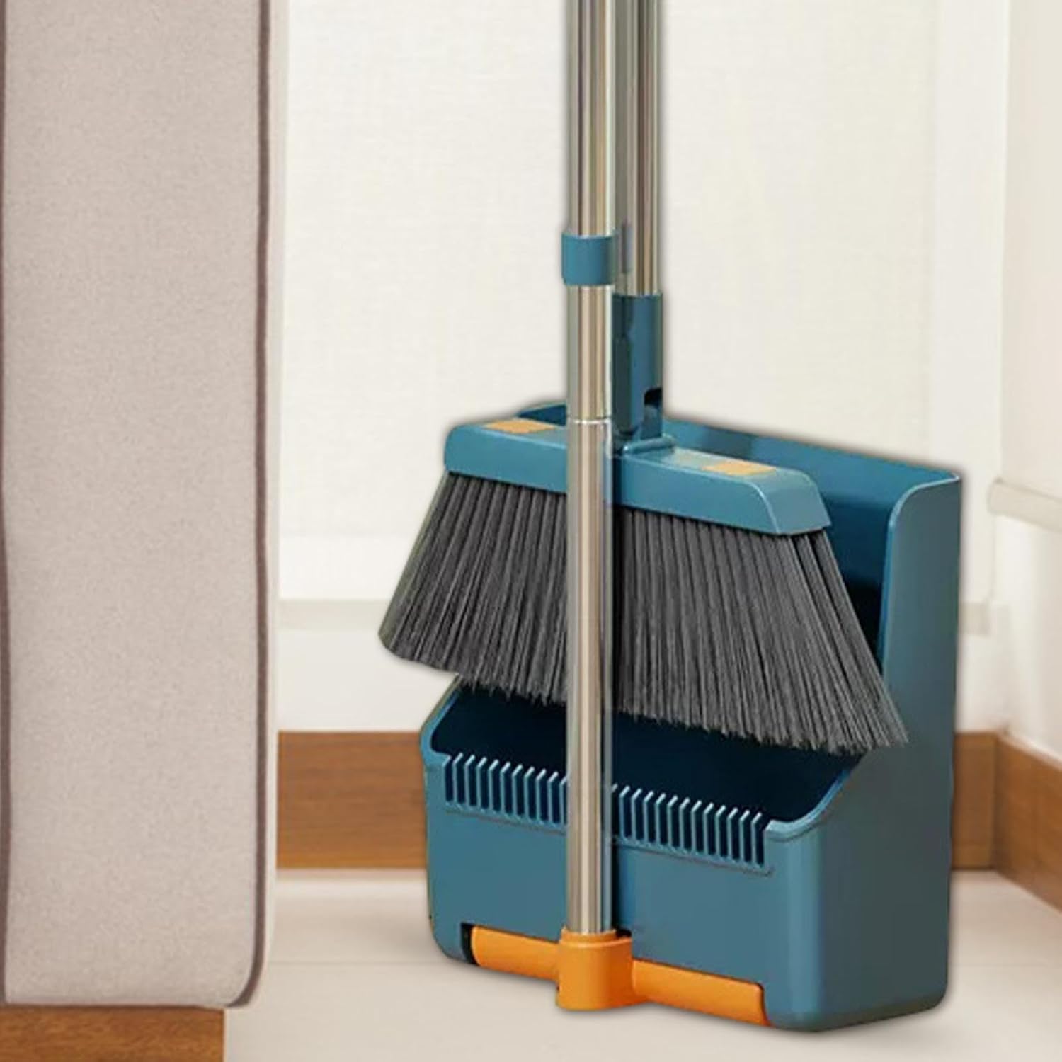 Broom and Dustpan Set with Long Handle and 180° Swiveling Head