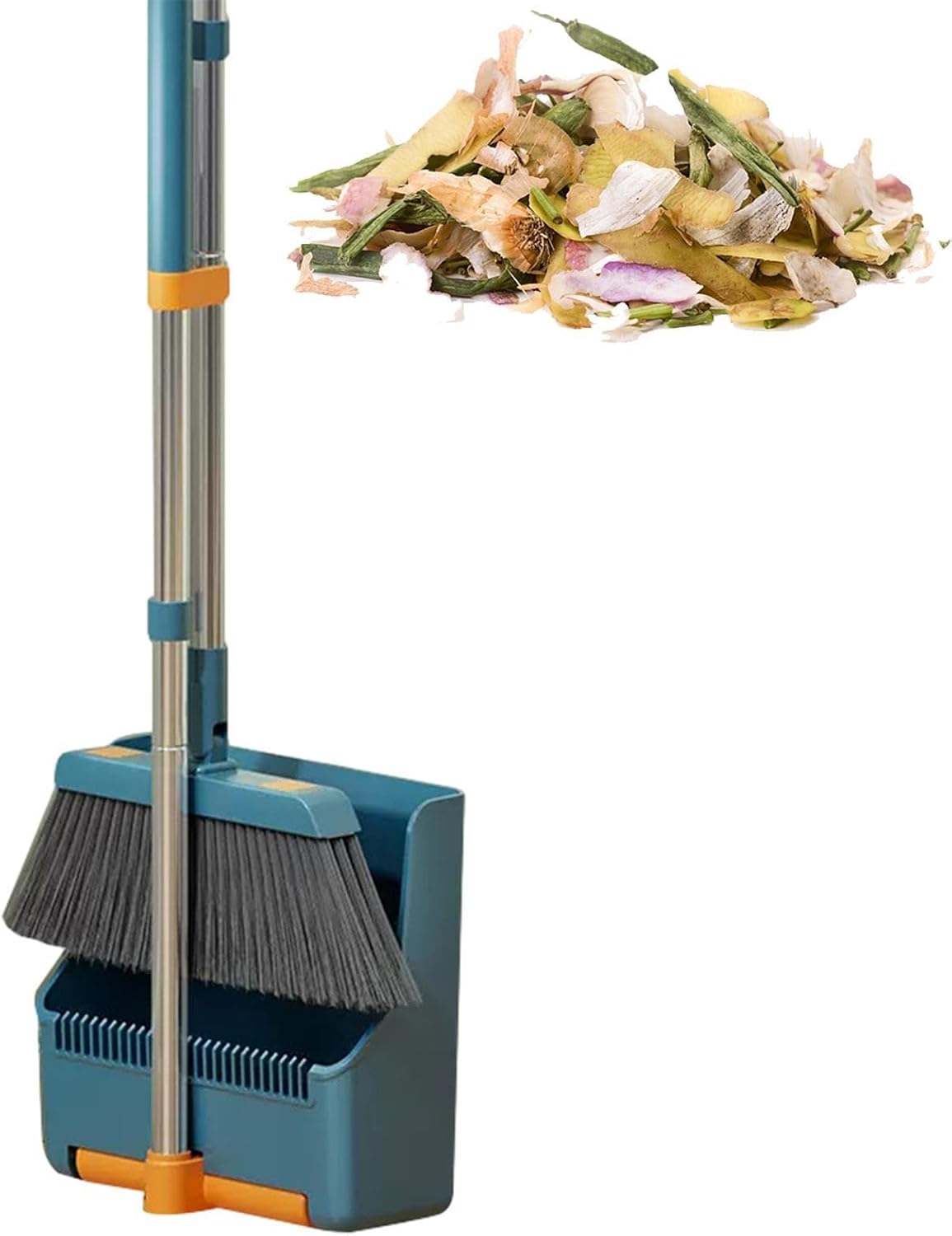 Broom and Dustpan Set with Long Handle and 180° Swiveling Head