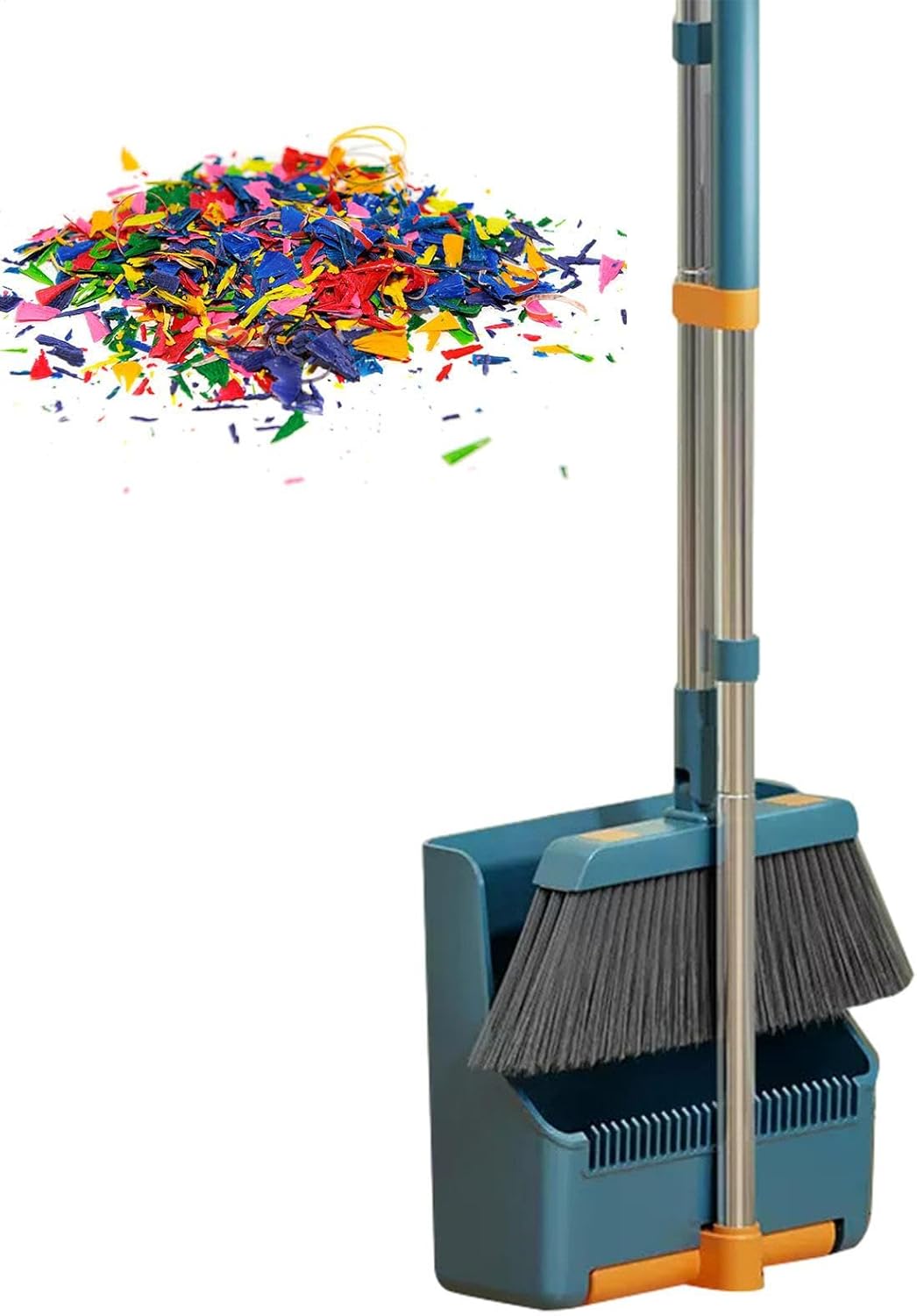 Broom and Dustpan Set with Long Handle and 180° Swiveling Head