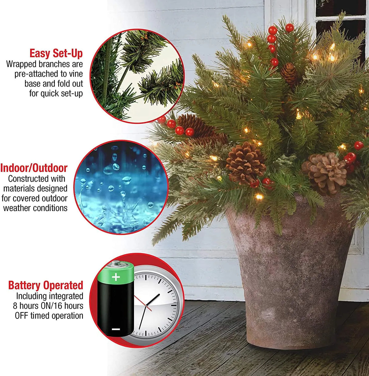 Lifelike Pre-Lit Holiday Urn Filler with Timer and LED Lights