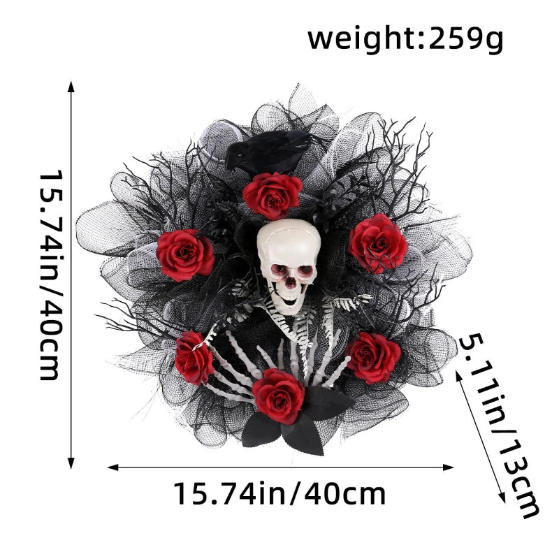 Gothic Elegance Halloween Rose and Skull Door Wreath