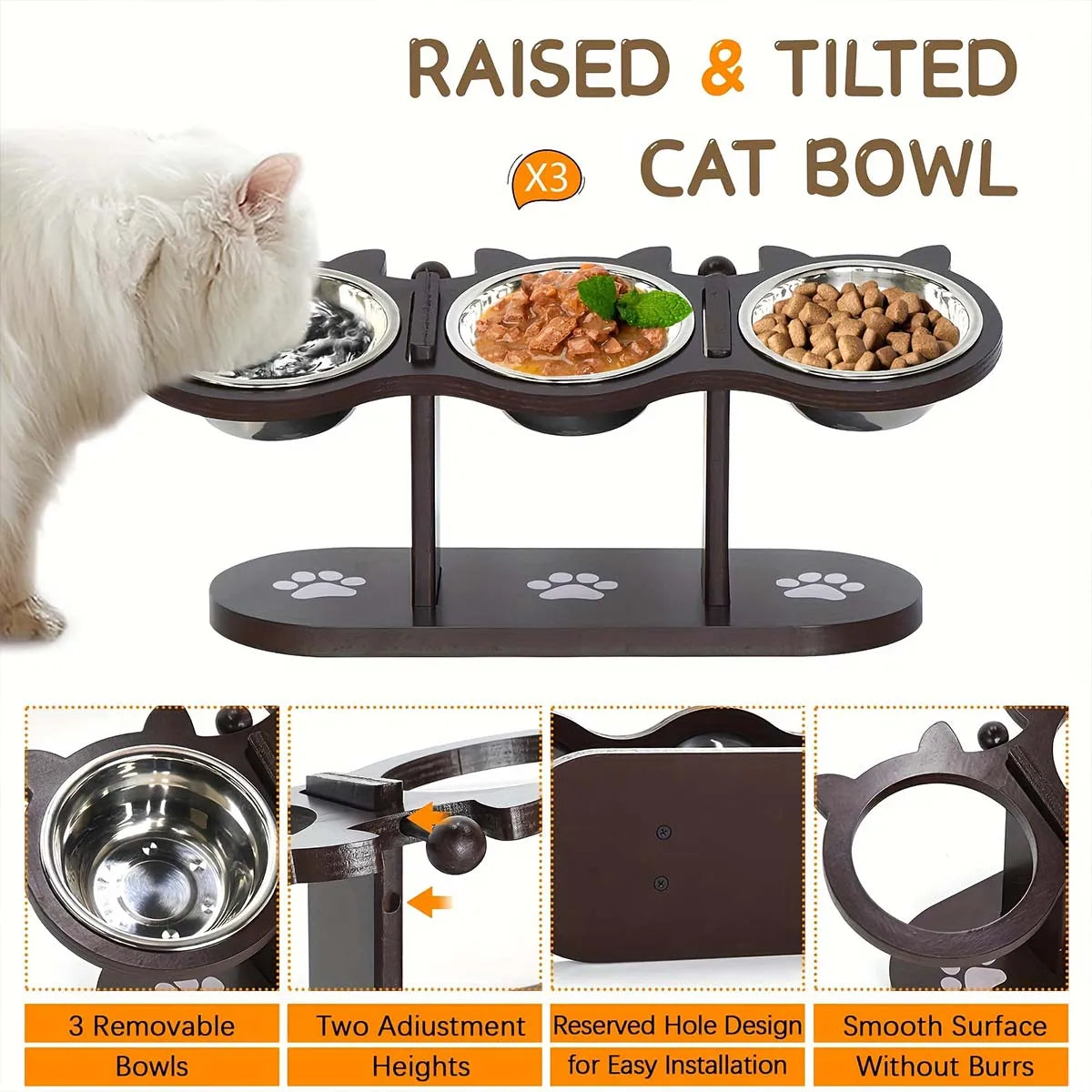 Elevated Pet Feeder with 3 Stainless Steel Bowls