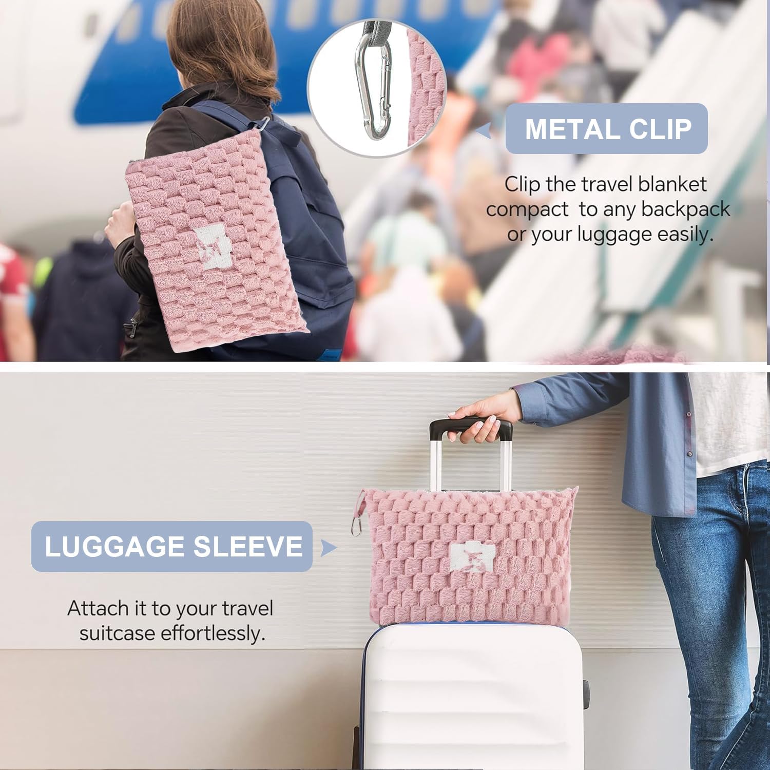 Travel Blanket with Pillow Pocket and Suitcase Handle – Packable Flannel