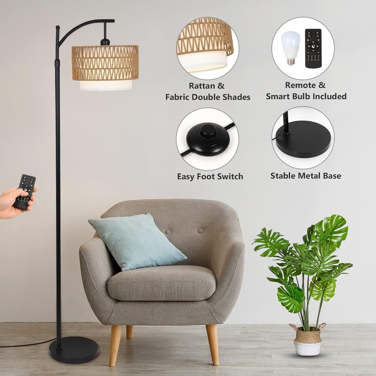 Remote-Controlled Arc Floor Lamp with Dual Lampshades