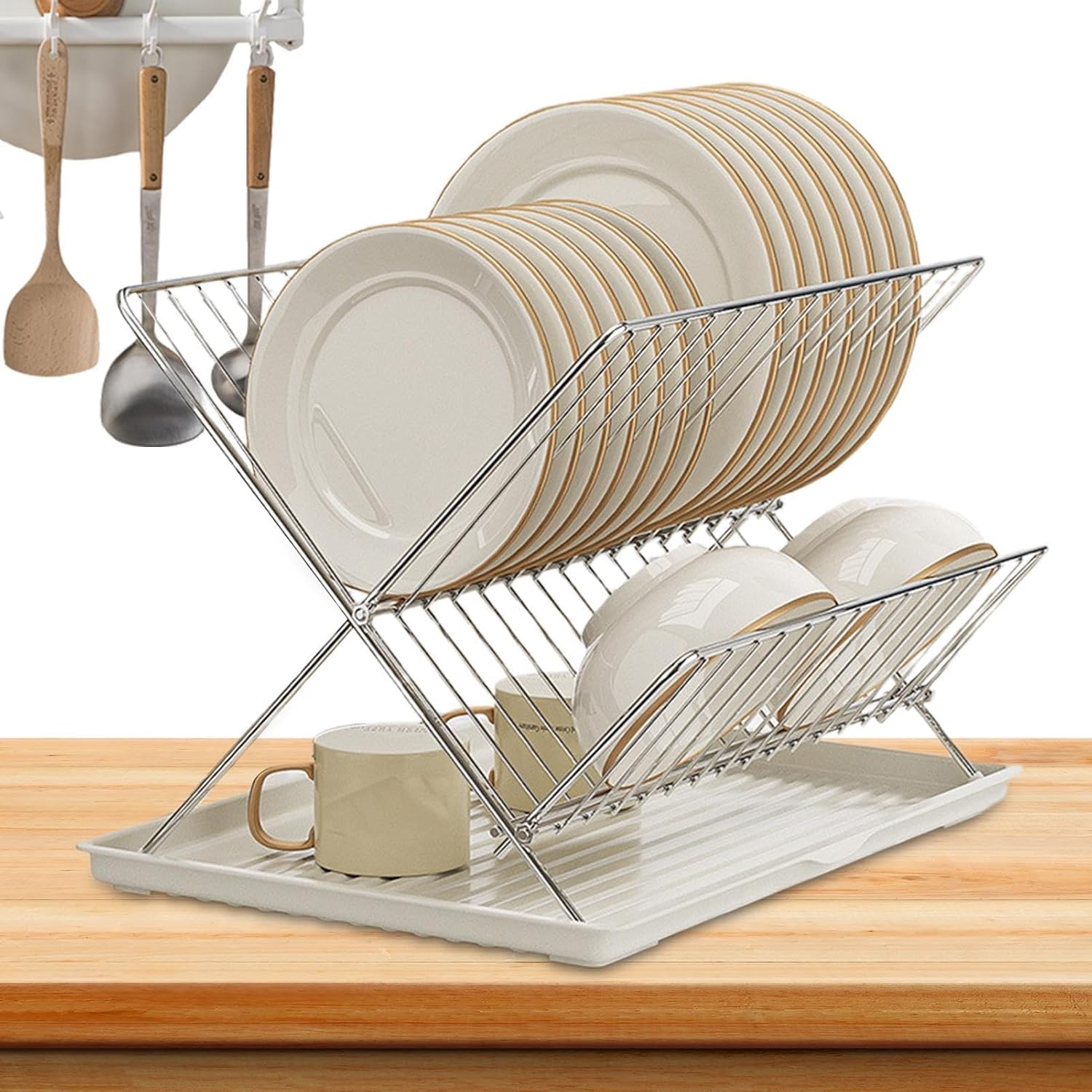 2-Tier Kitchen Drying Rack with Removable Tray – Foldable Dish Drainer