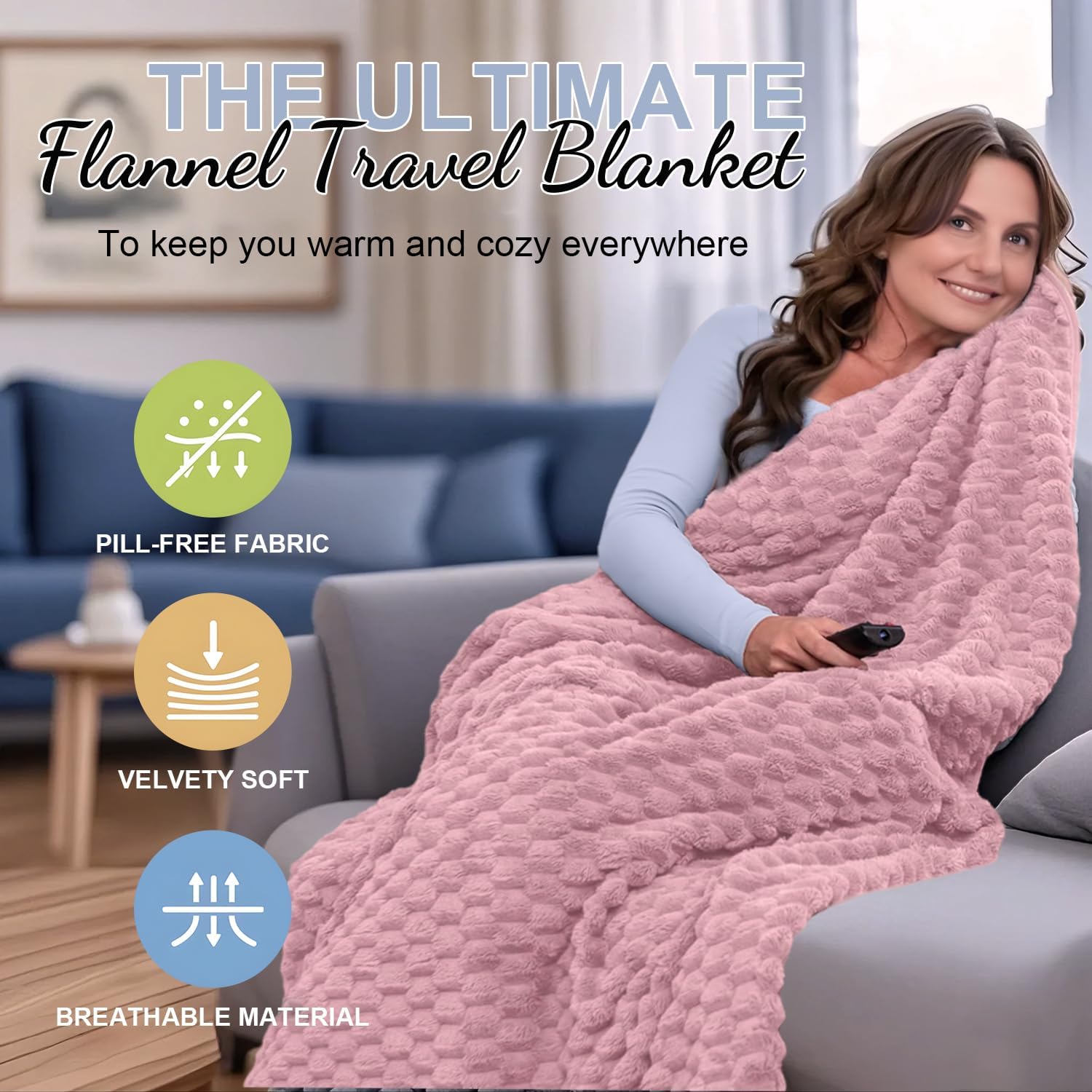 Travel Blanket with Pillow Pocket and Suitcase Handle – Packable Flannel