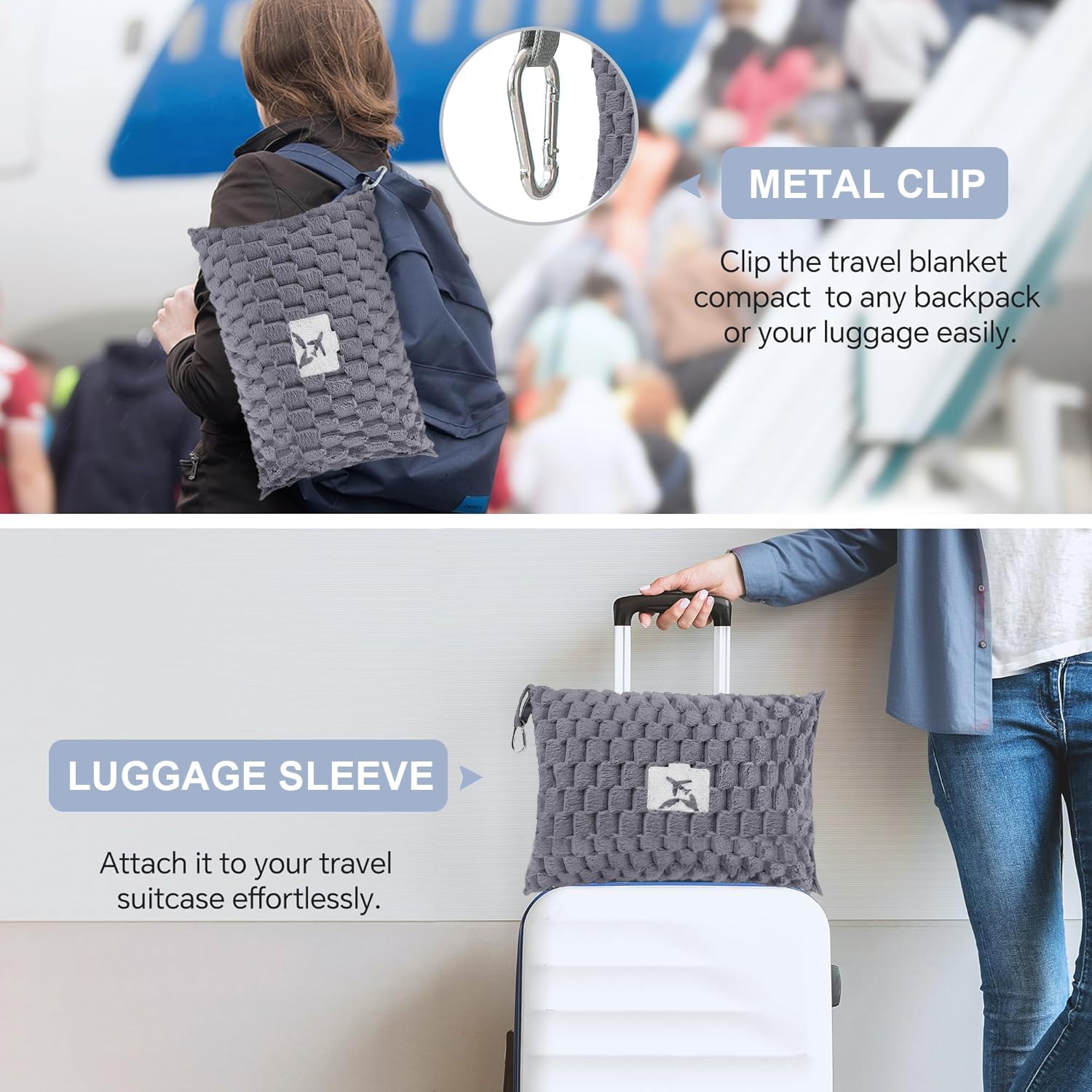Travel Blanket with Pillow Pocket and Suitcase Handle – Packable Flannel