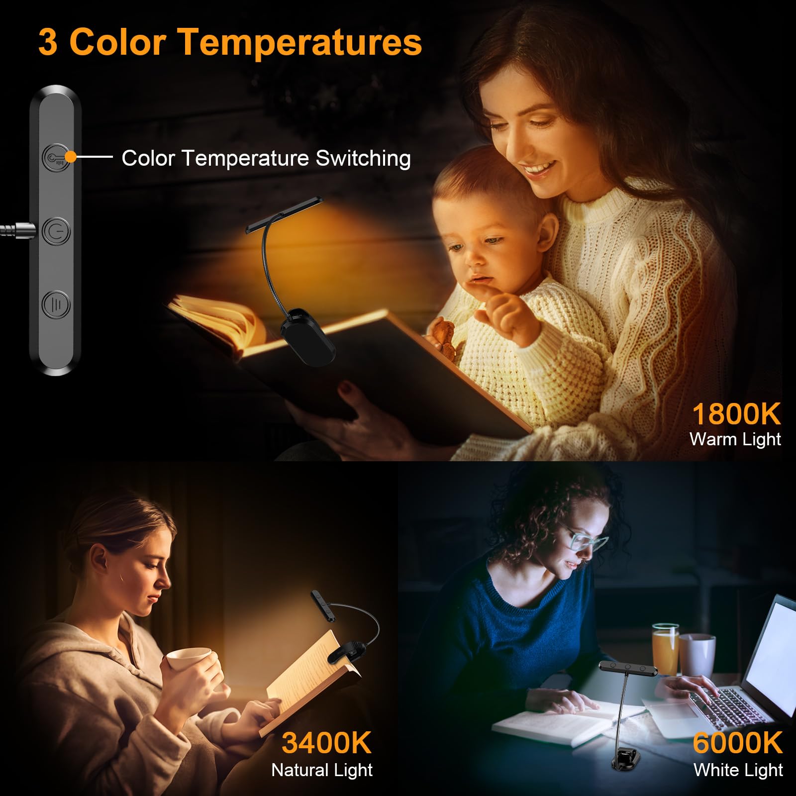 LumiRead Rechargeable Reading Light – Adjustable Brightness & Color Options