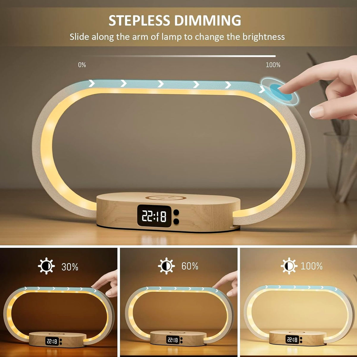 Table Lamp with Wireless Charging and Clock Function