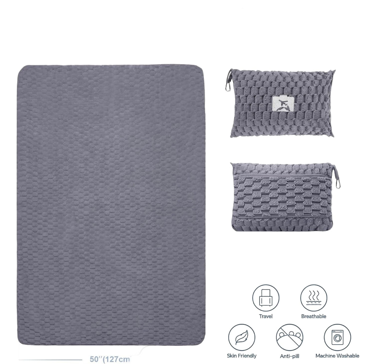 Travel Blanket with Pillow Pocket and Suitcase Handle – Packable Flannel