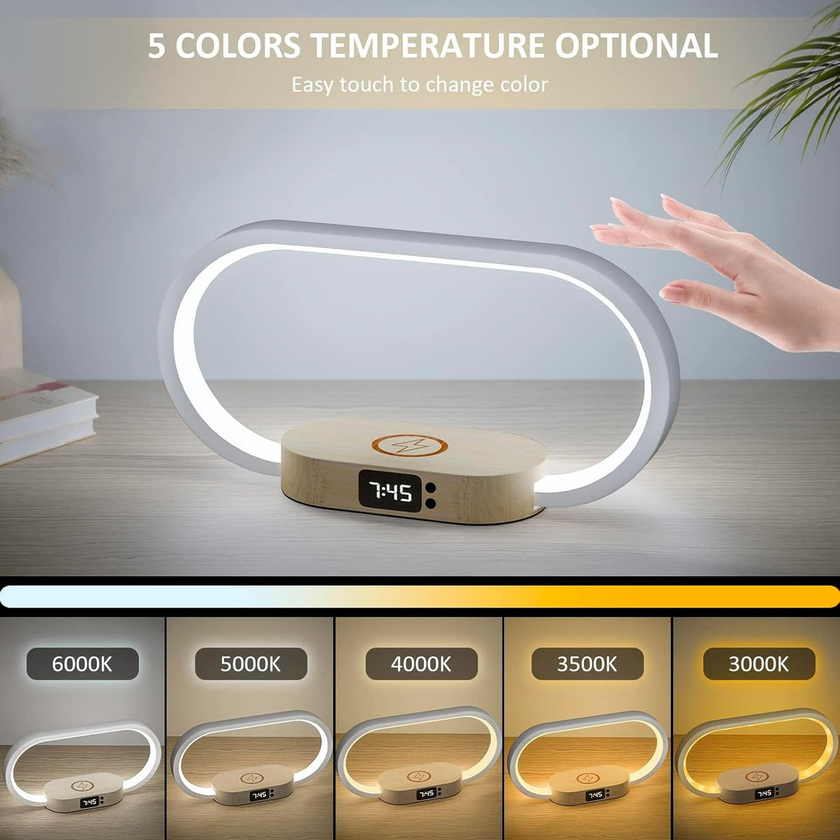 Table Lamp with Wireless Charging and Clock Function