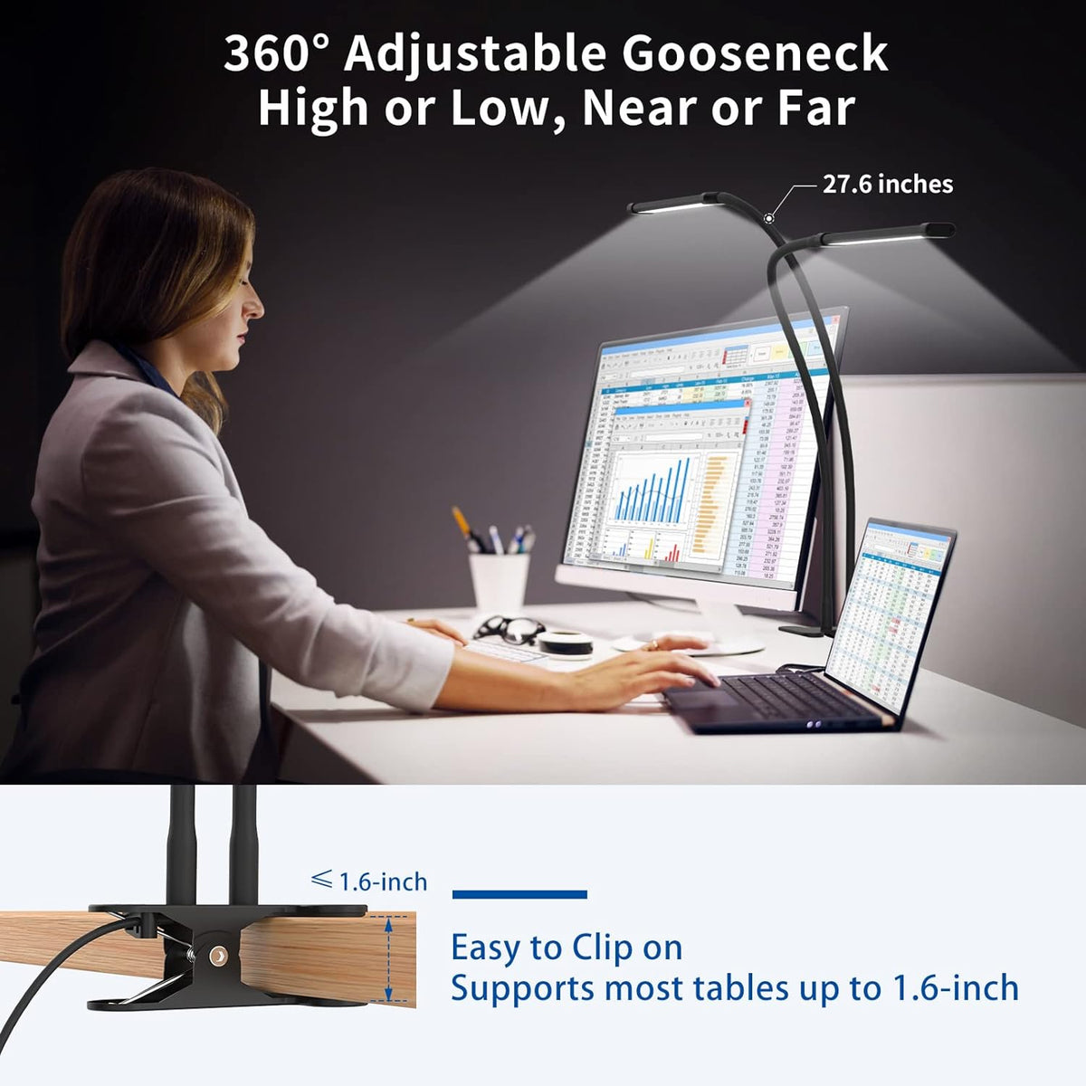 Clip-On Desk Lamp with 77 LEDs and 70 cm Flexible Neck