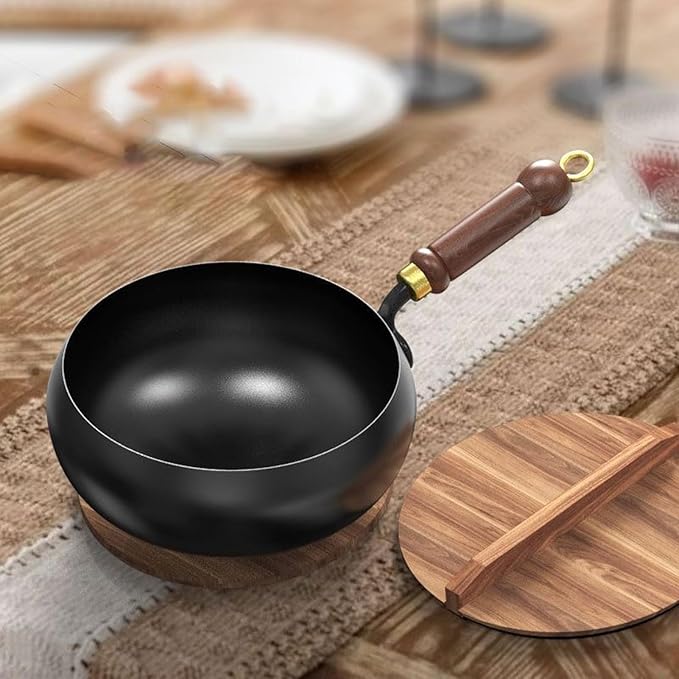 Handcrafted Iron Skillet with Wooden Handle – 24–28 cm