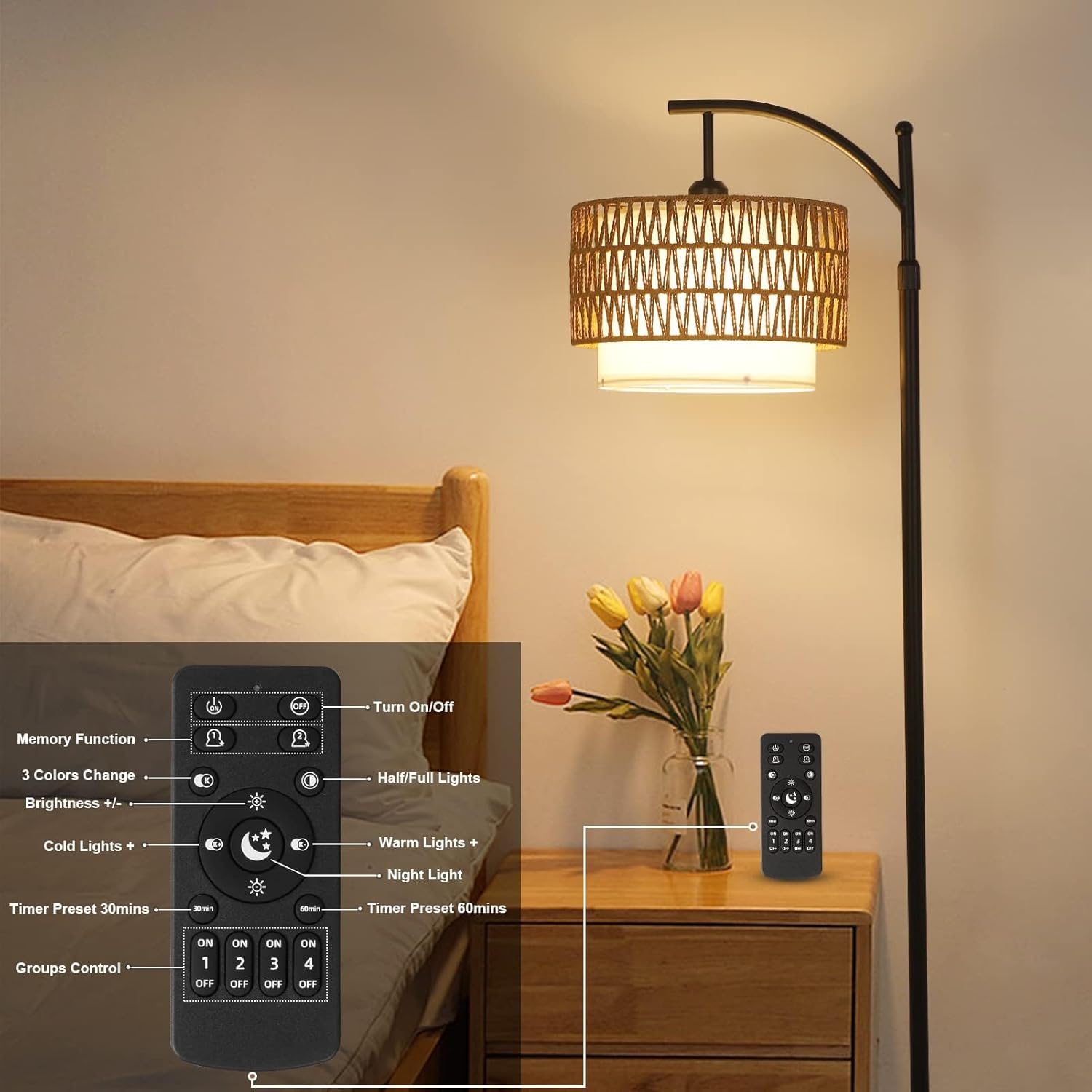 Remote-Controlled Arc Floor Lamp with Dual Lampshades