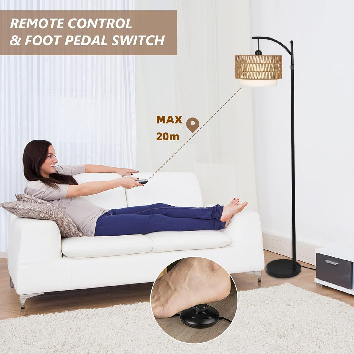 Remote-Controlled Arc Floor Lamp with Dual Lampshades