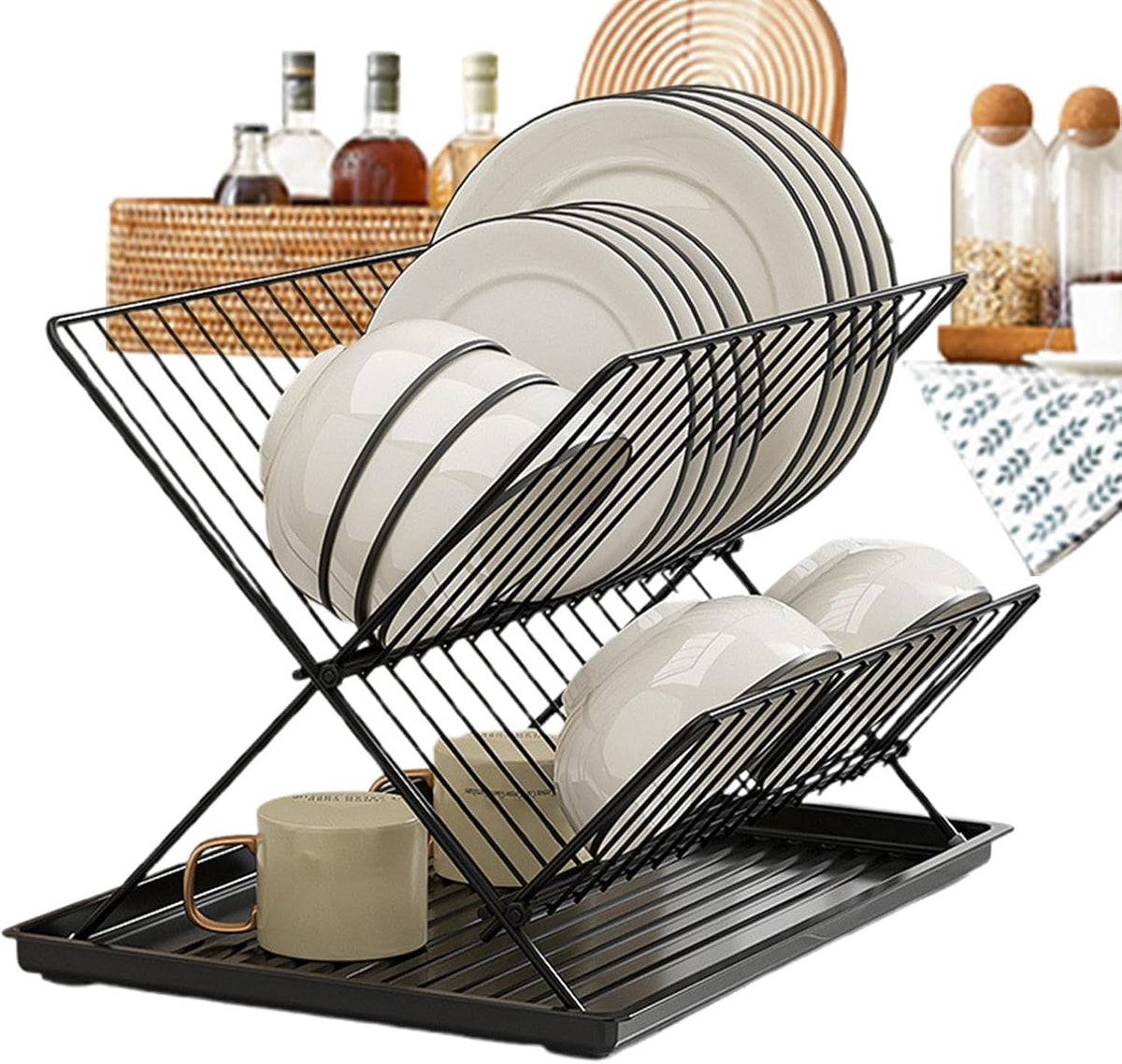 2-Tier Kitchen Drying Rack with Removable Tray – Foldable Dish Drainer