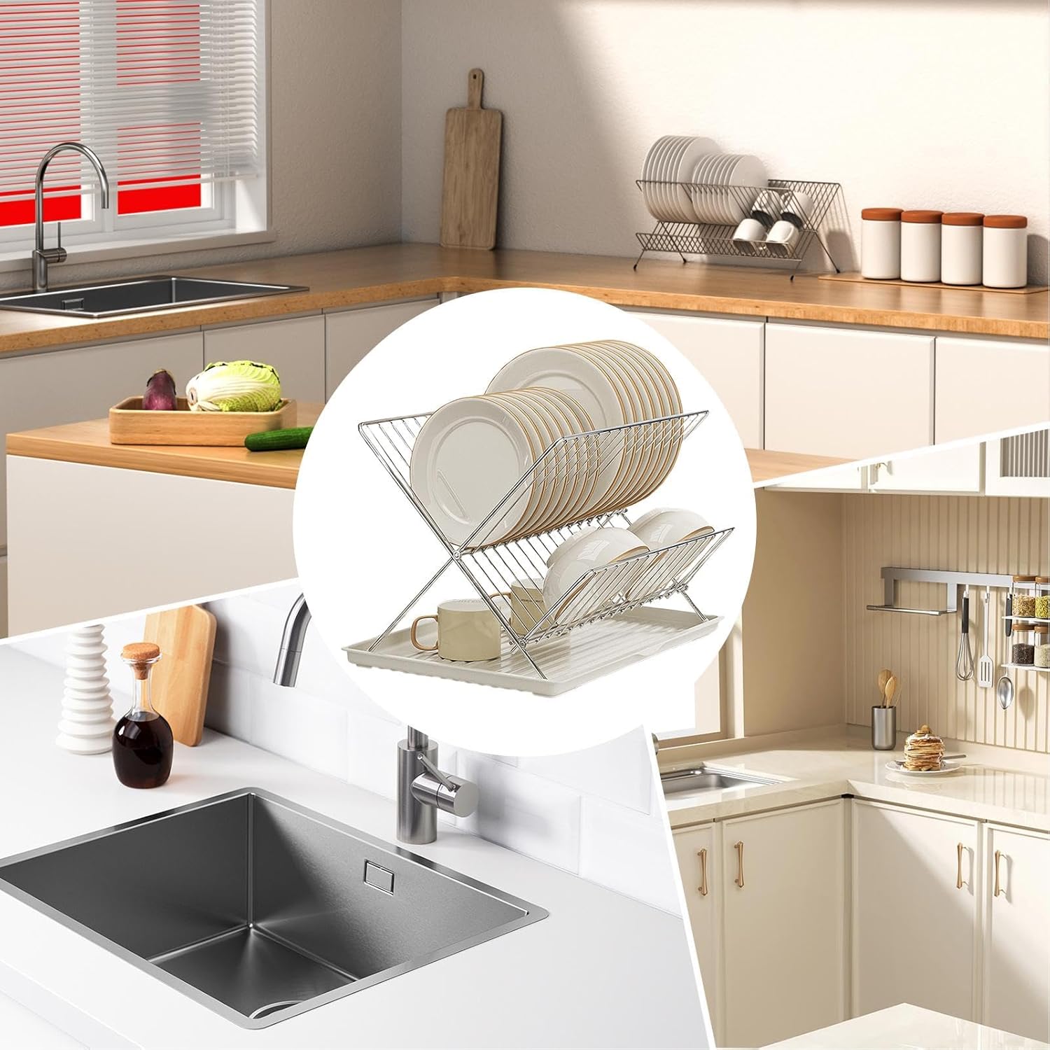 2-Tier Kitchen Drying Rack with Removable Tray – Foldable Dish Drainer