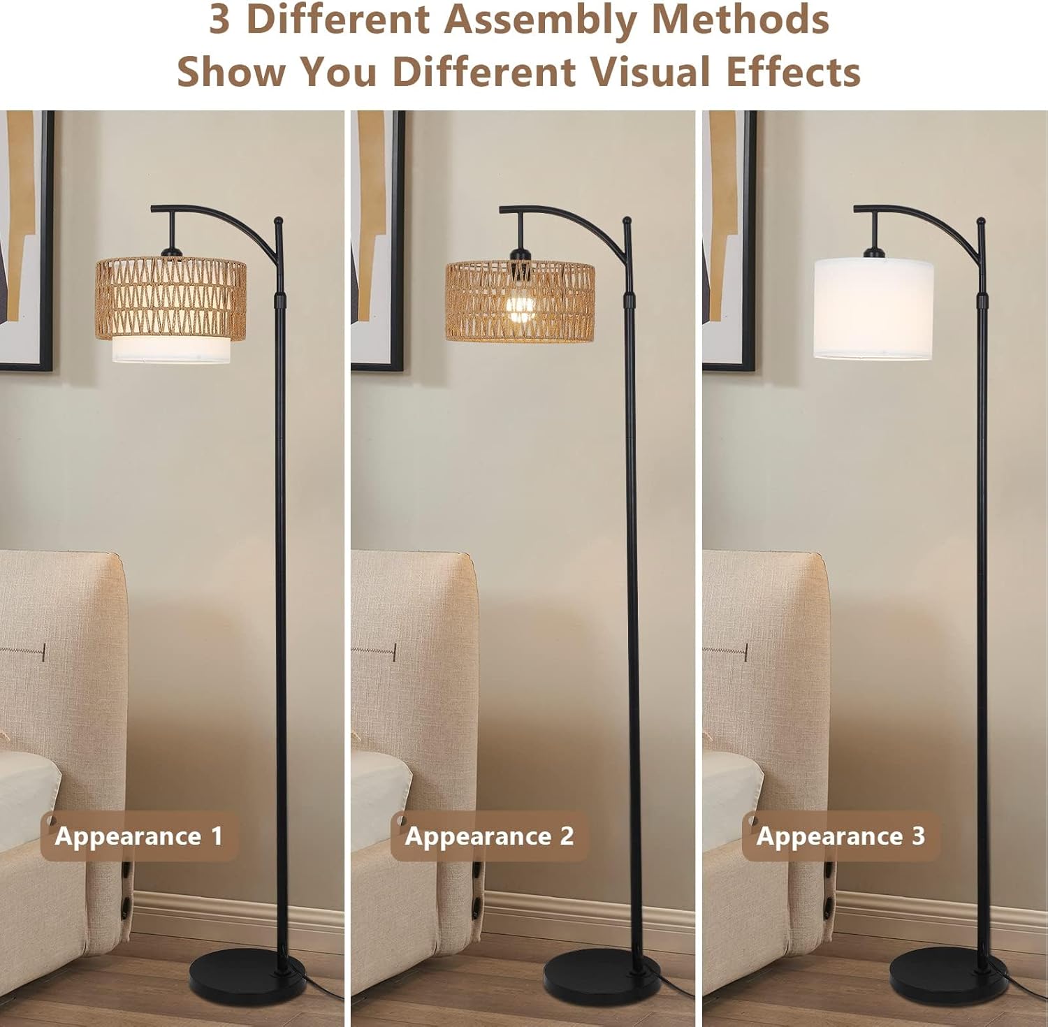 Remote-Controlled Arc Floor Lamp with Dual Lampshades
