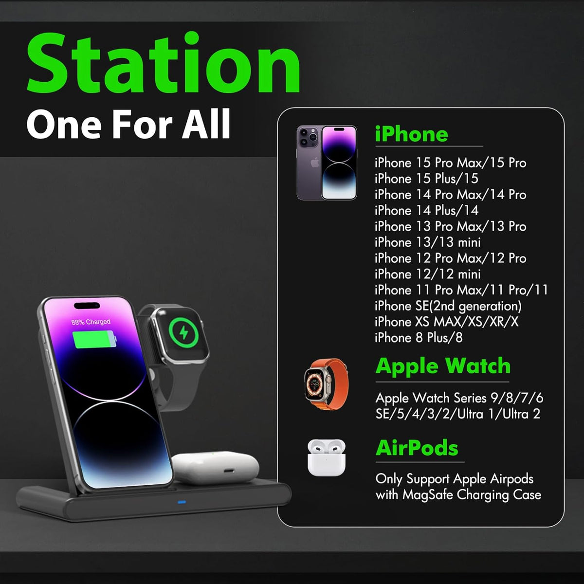 All-in-One Wireless Charging Station for iPhone, Watch & AirPods
