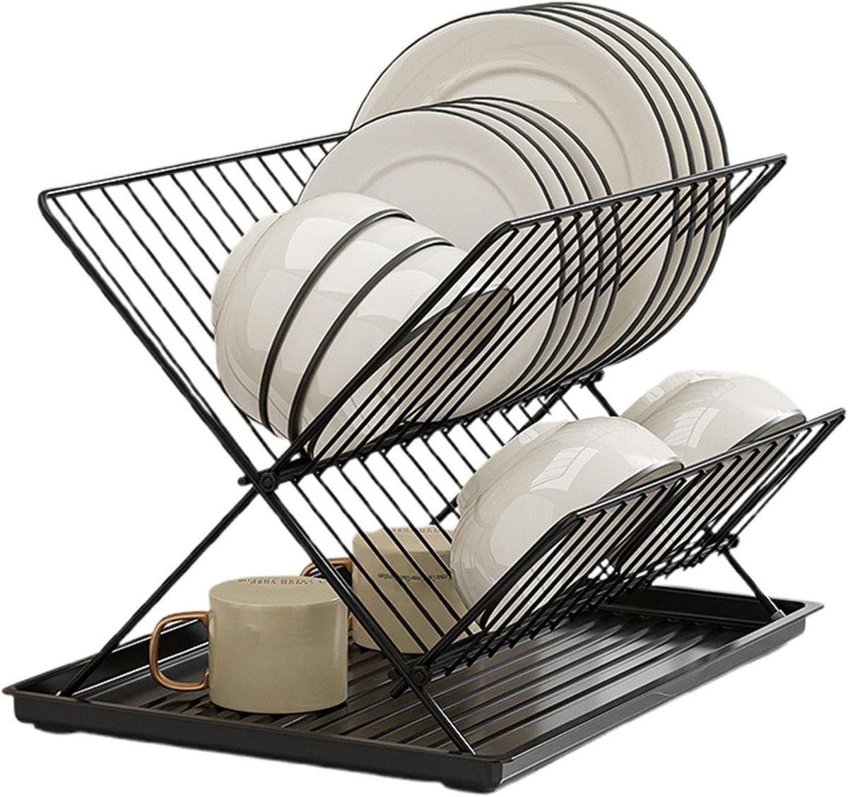 2-Tier Kitchen Drying Rack with Removable Tray – Foldable Dish Drainer