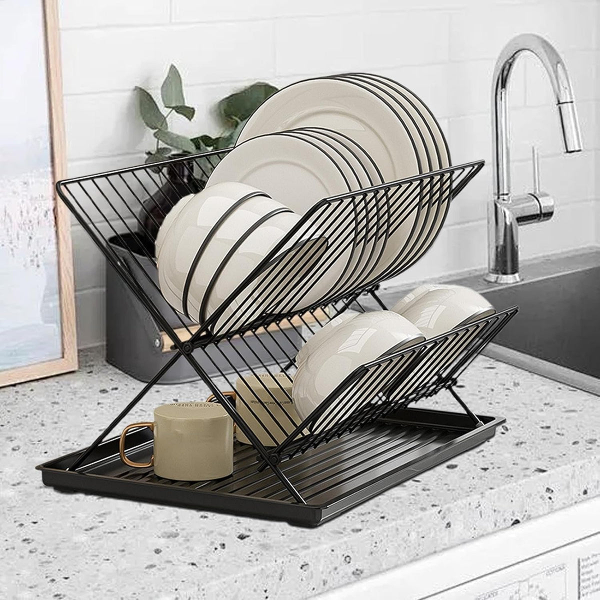 2-Tier Kitchen Drying Rack with Removable Tray – Foldable Dish Drainer