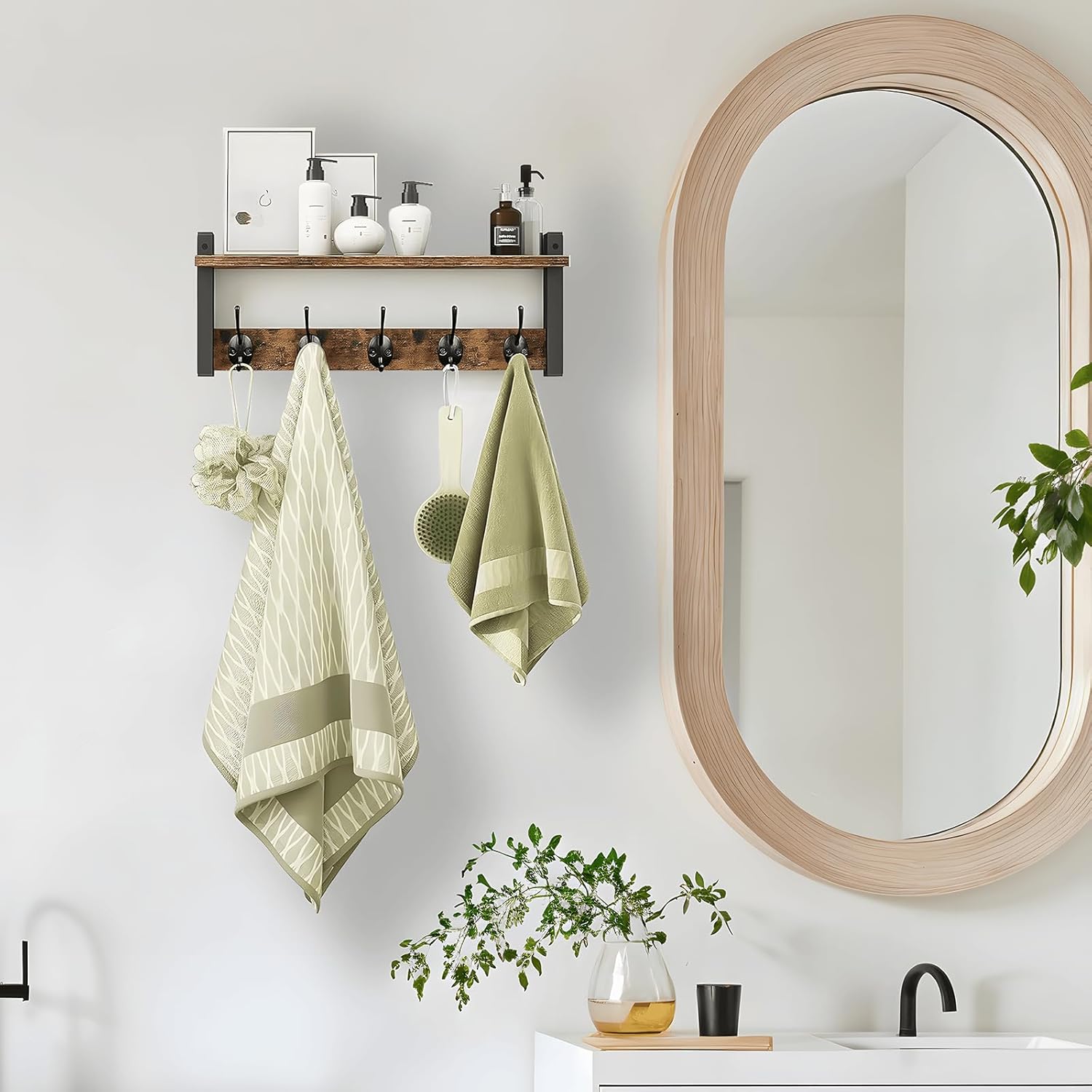 Coat Rack with Shelf and 5 Metal Hooks for Wall Mounting