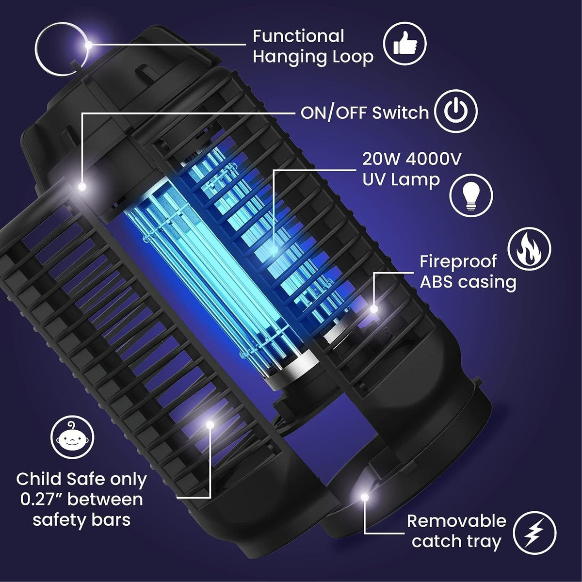 20W Electric Insect Trap with UV Light and 4200V Grid, Waterproof IPX4