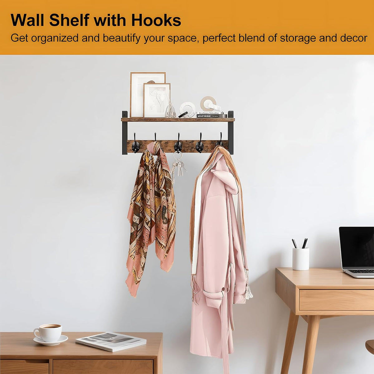 Coat Rack with Shelf and 5 Metal Hooks for Wall Mounting