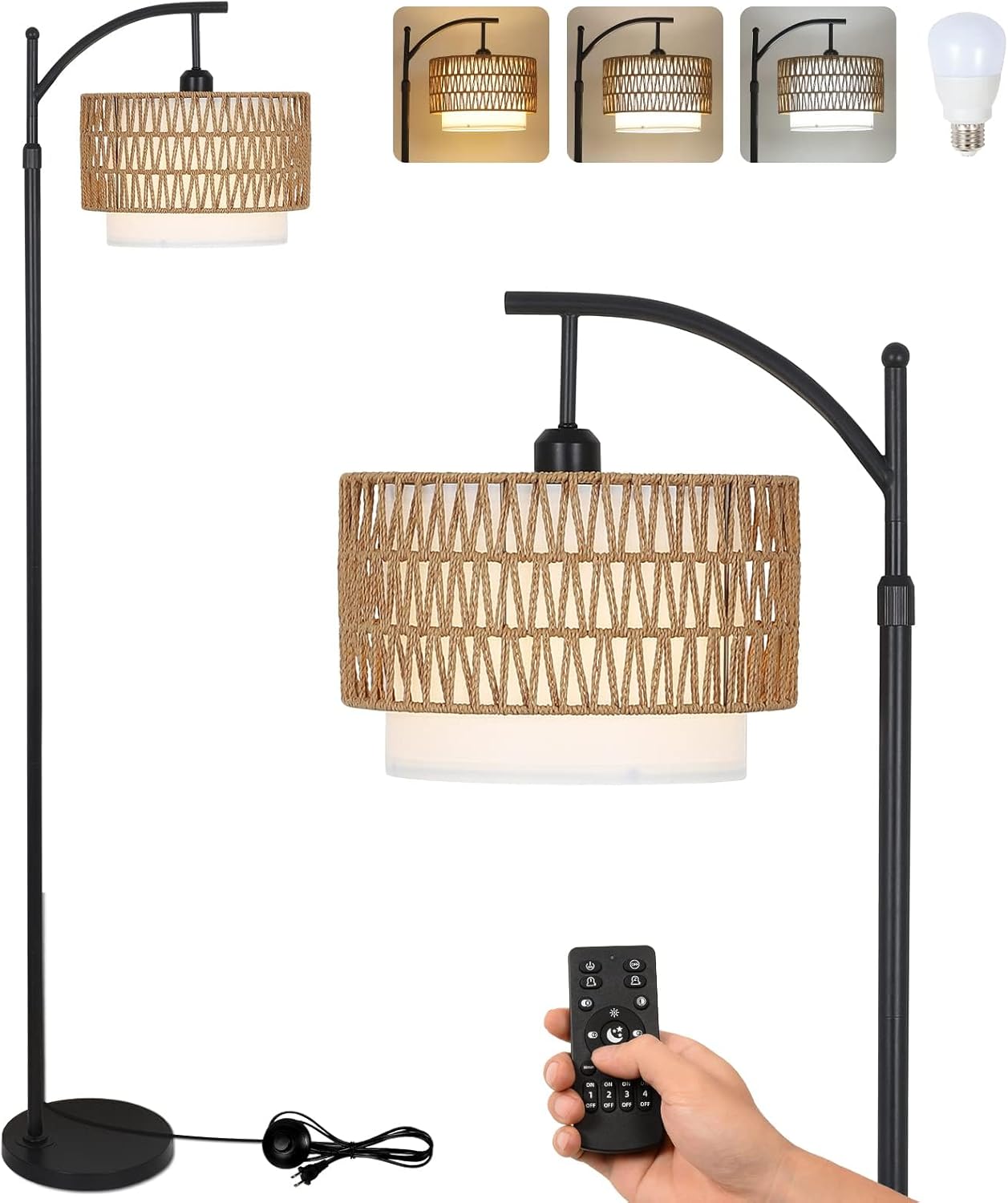 Remote-Controlled Arc Floor Lamp with Dual Lampshades