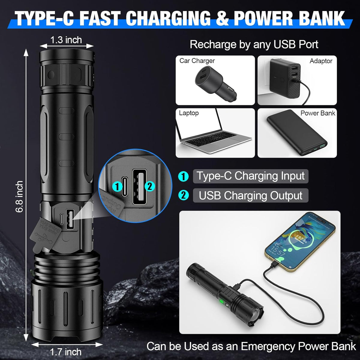 Versatile Rechargeable LED Flashlight – 5 Modes, Zoom Feature, Water Resistant