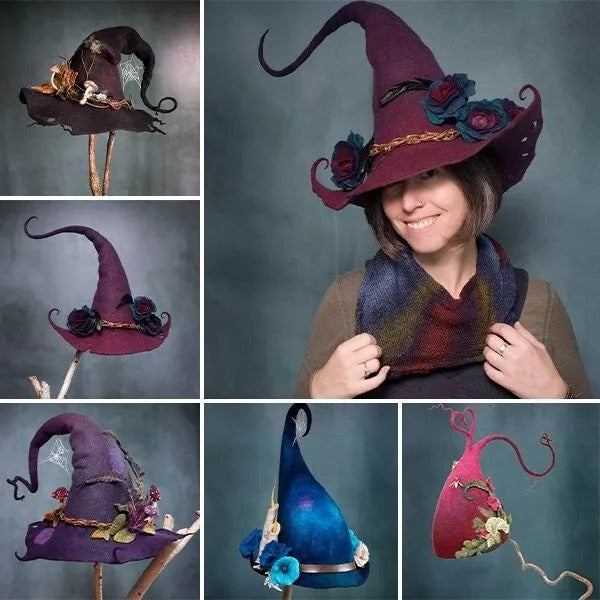 Magical Elegance: Artisan Wool Witch Hat with Chiffon Touches