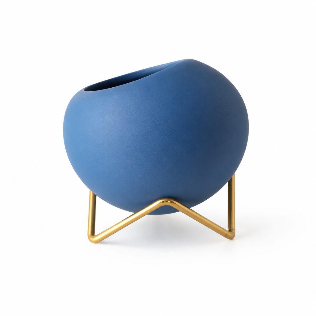 Vibrant Abstract Ceramic Planter Pot With Galvanized Steel Stand