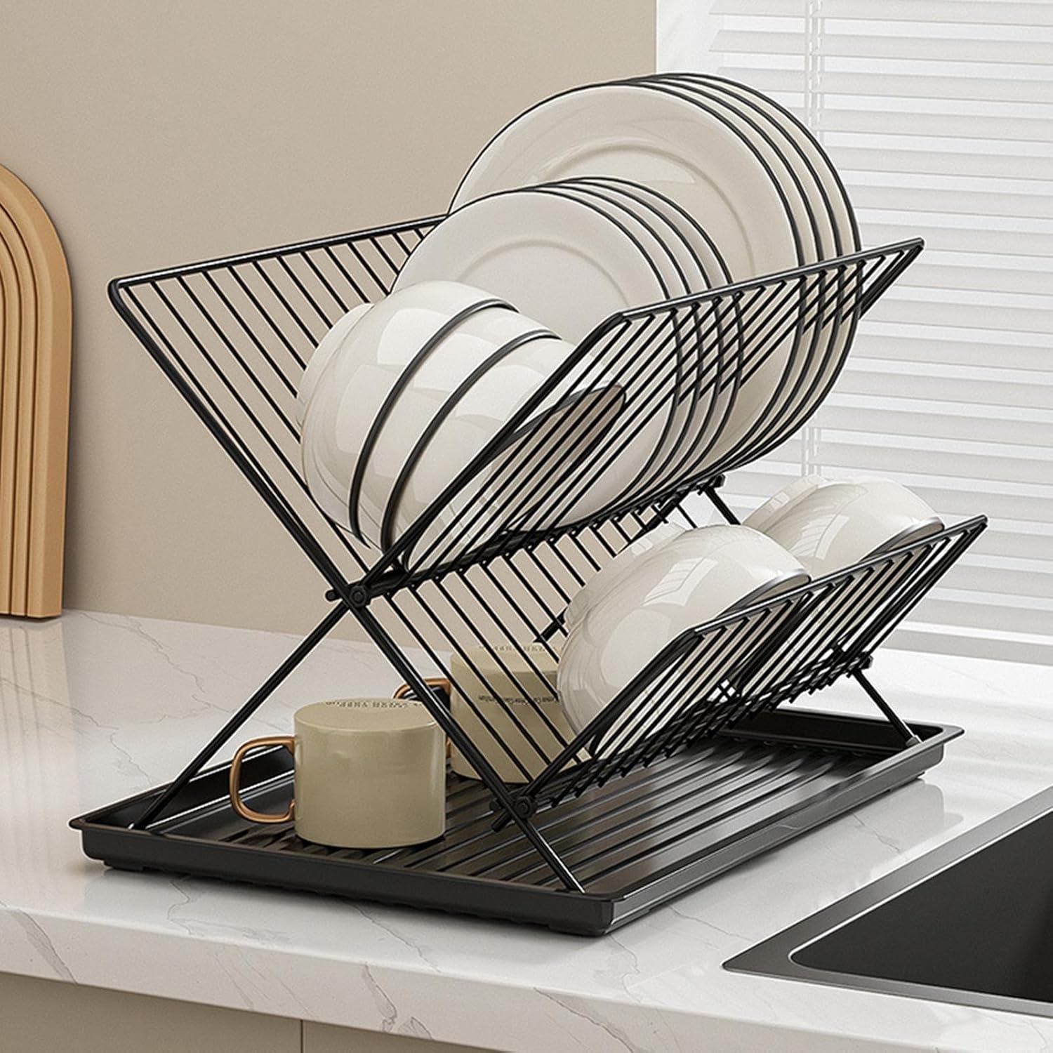 2-Tier Kitchen Drying Rack with Removable Tray – Foldable Dish Drainer
