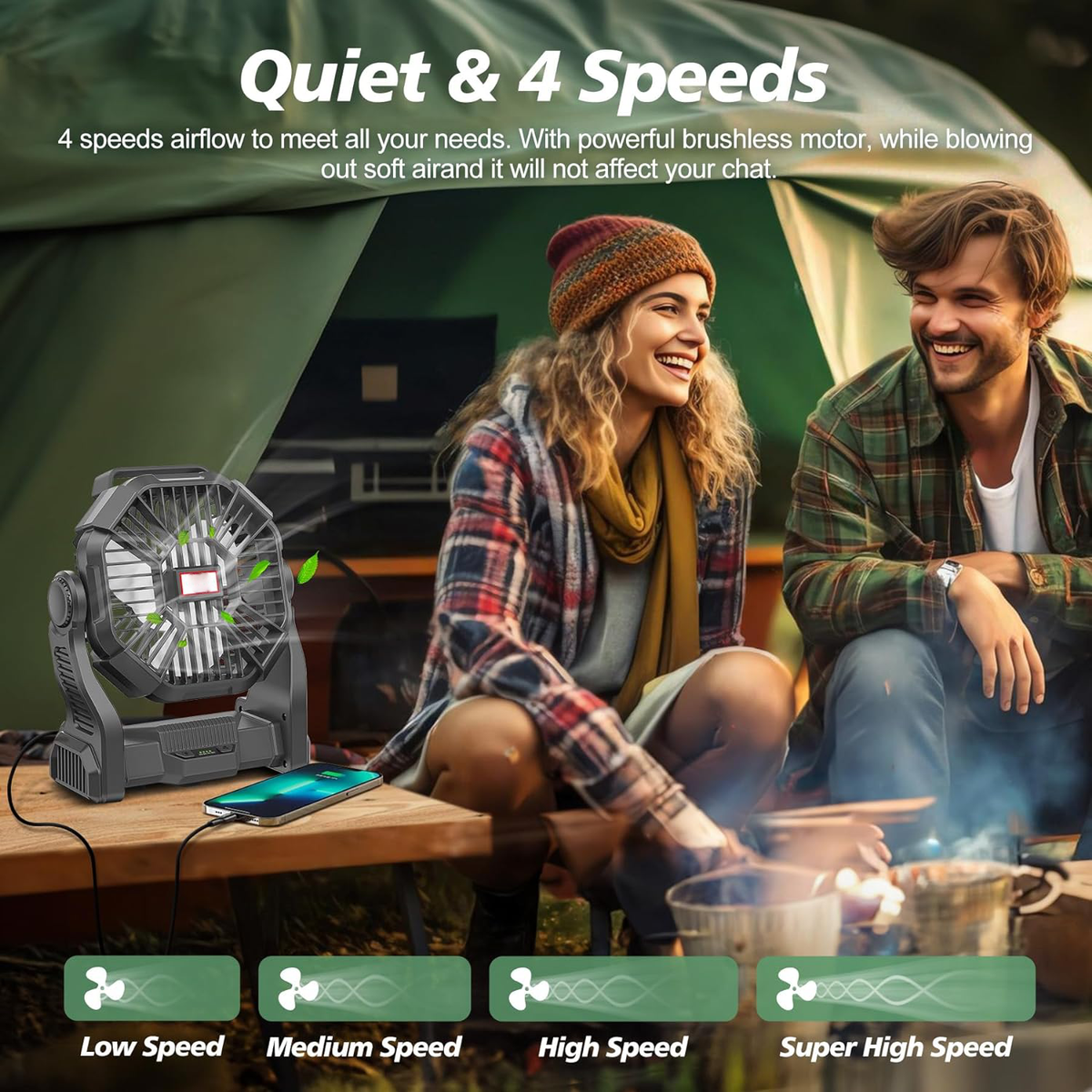 Compact Rechargeable Outdoor Fan with LED Light