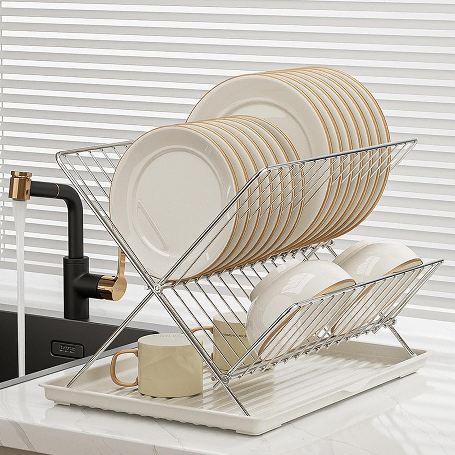 2-Tier Kitchen Drying Rack with Removable Tray – Foldable Dish Drainer