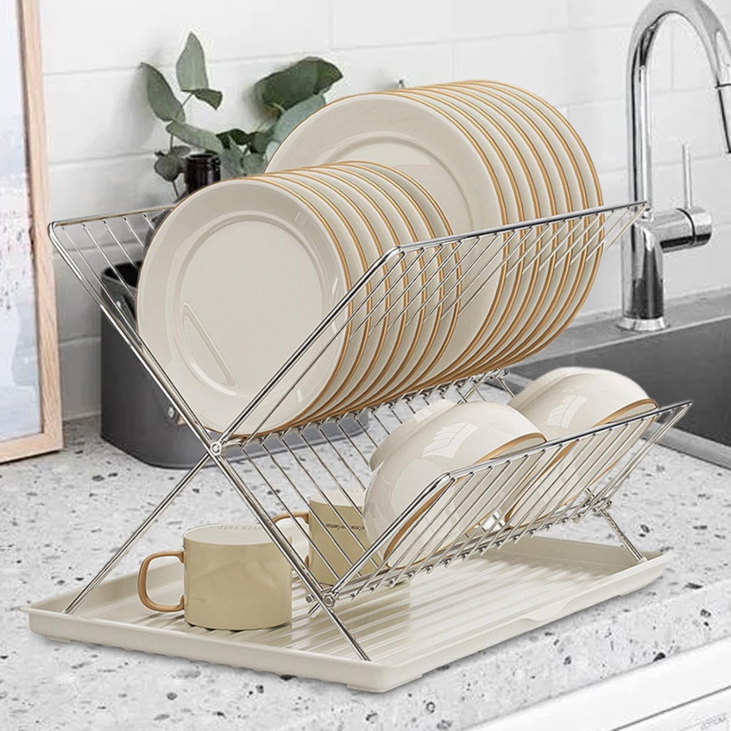 2-Tier Kitchen Drying Rack with Removable Tray – Foldable Dish Drainer