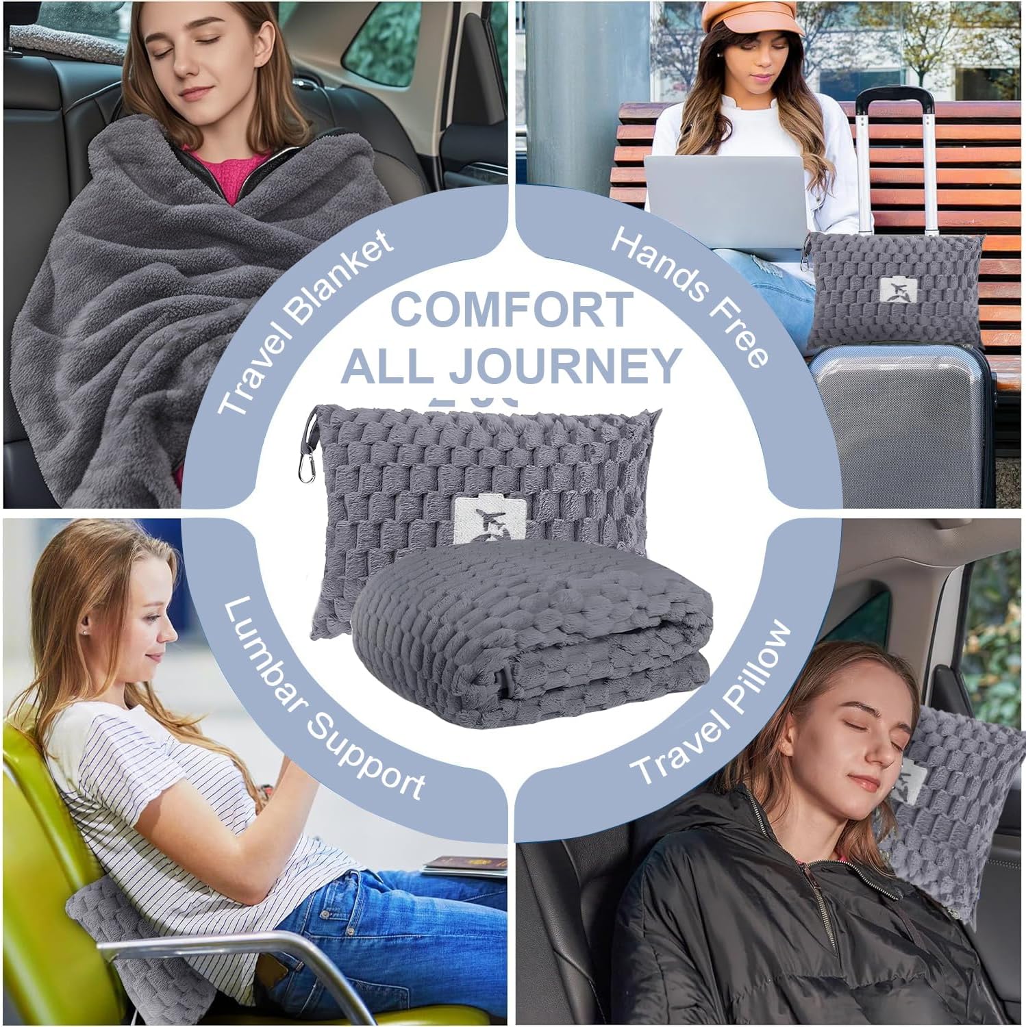Travel Blanket with Pillow Pocket and Suitcase Handle – Packable Flannel