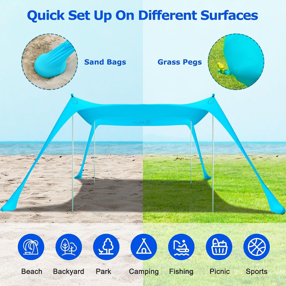 Family Beach Tent with Sand Anchors and Aluminum Poles - UPF50+