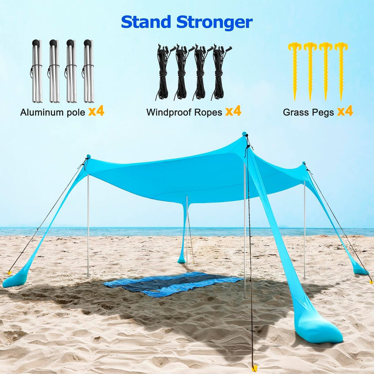 Family Beach Tent with Sand Anchors and Aluminum Poles - UPF50+