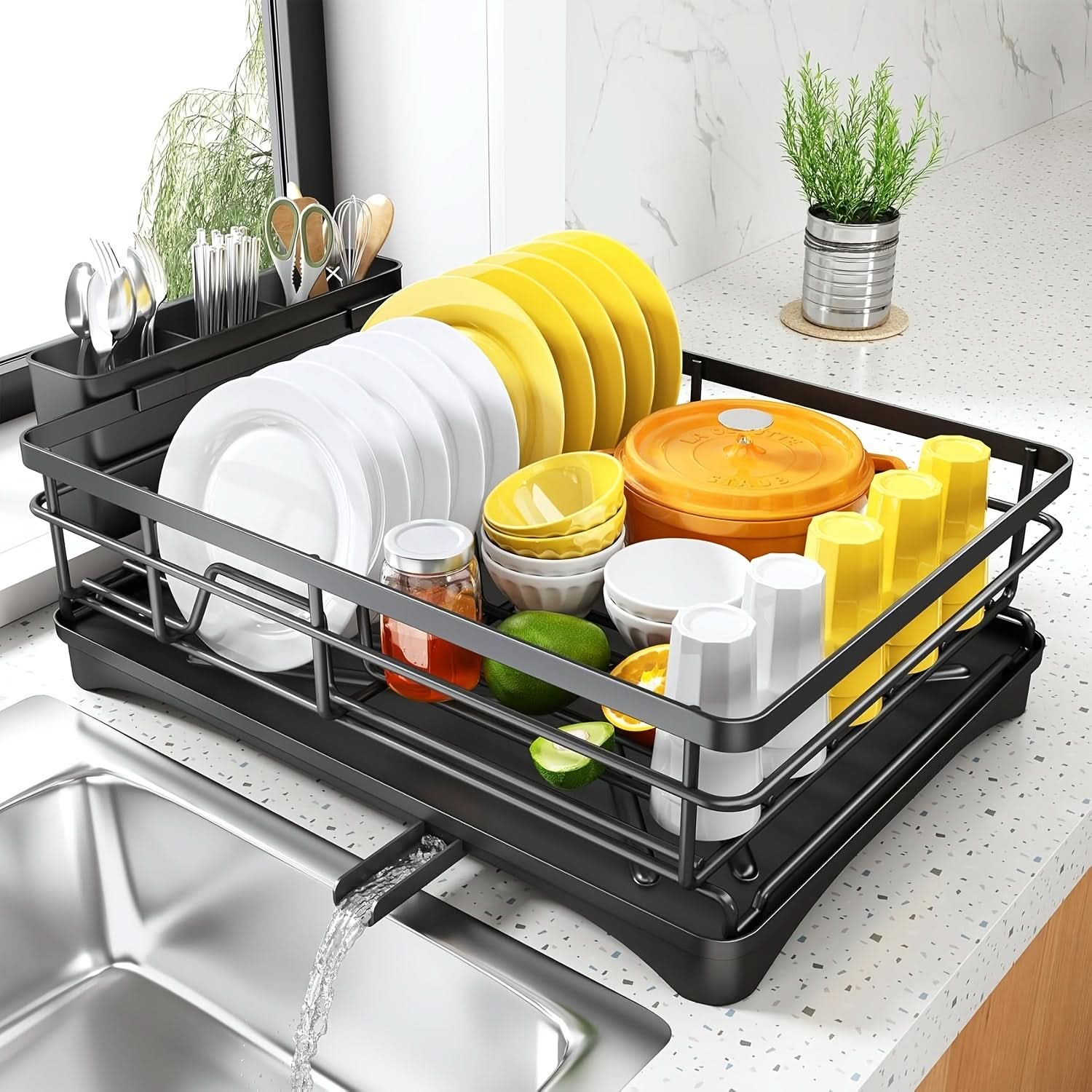 Sleek Dish Drying Rack with Built-In Utensil Organizer