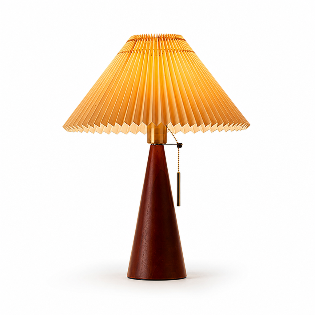 Pleated Fabric Shade & Conical Wood Base Table Lamp (Diameter 40cm x Height 50cm)