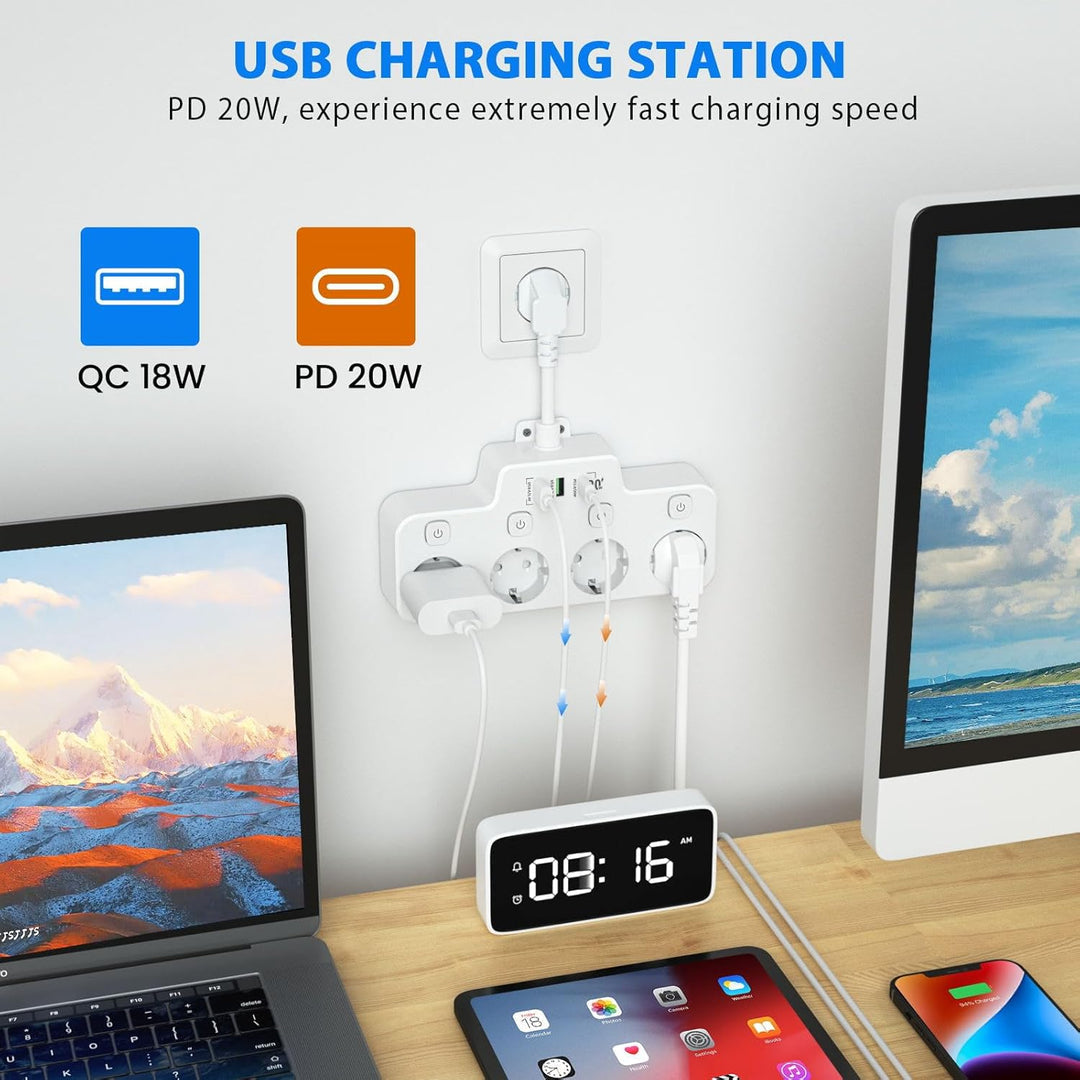 Versatile Wall-Mounted Power Hub with Independent Controls - 2 USB-A & 1 USB-C