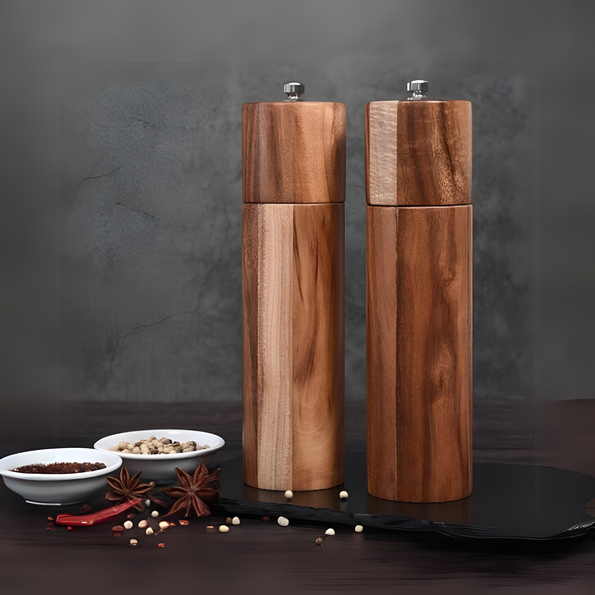 Elegant Wooden Spice Mills with Customizable Grind Settings