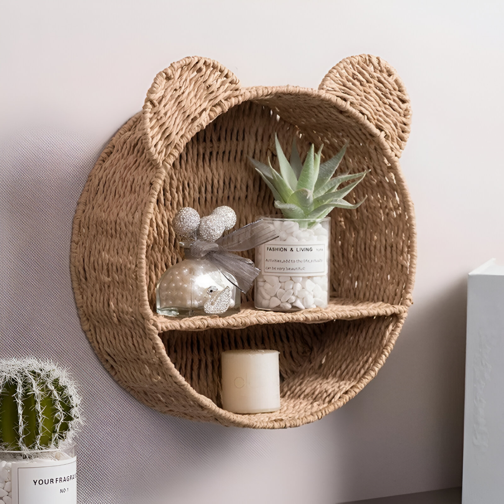 Whimsical Animal Design Wall Shelf in Natural Rattan