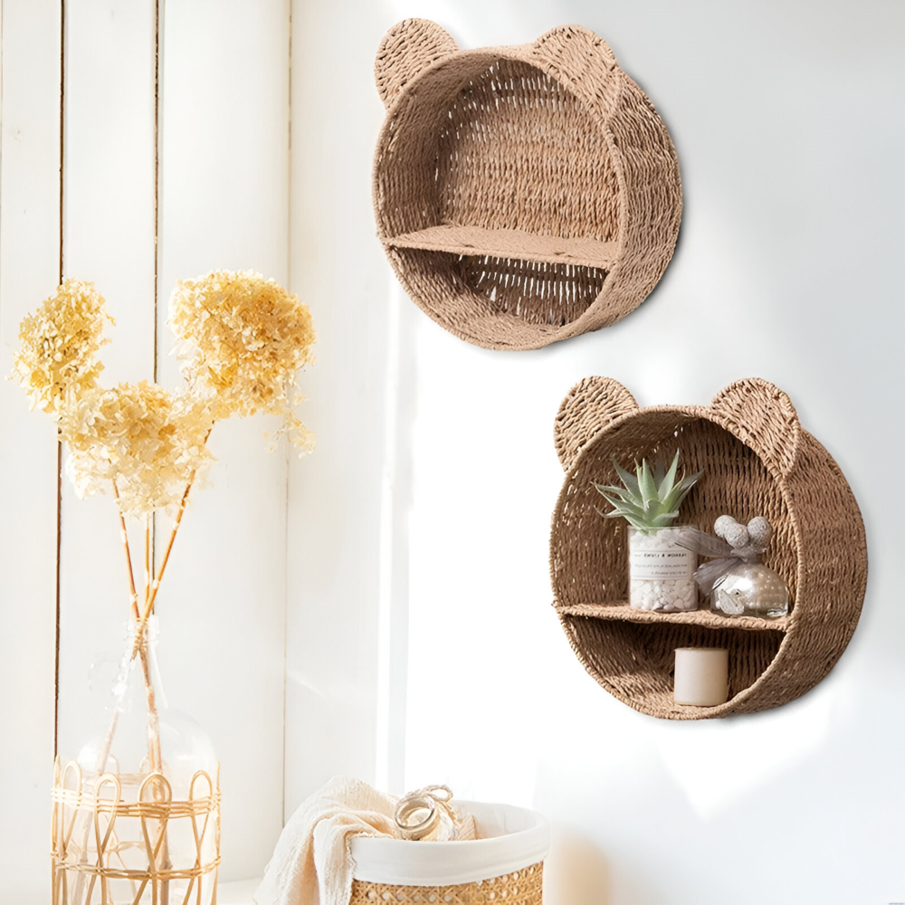 Whimsical Animal Design Wall Shelf in Natural Rattan