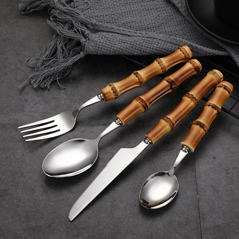 Elegant 16-Piece Stainless Steel Cutlery Set with Bamboo Handles
