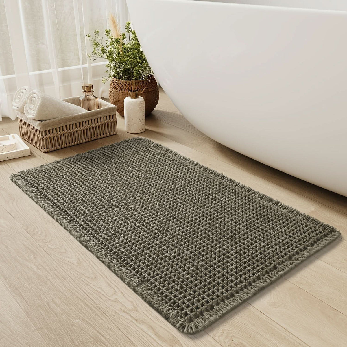 Luxurious Cotton Waffle Bath Rug with Non-Slip Backing