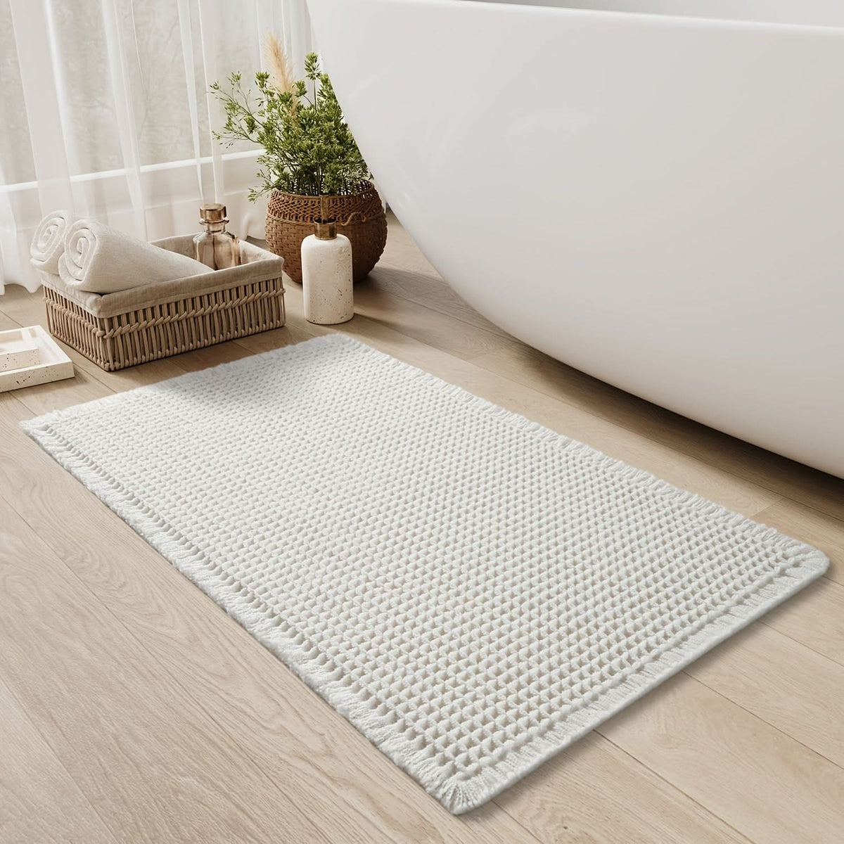 Luxurious Cotton Waffle Bath Rug with Non-Slip Backing