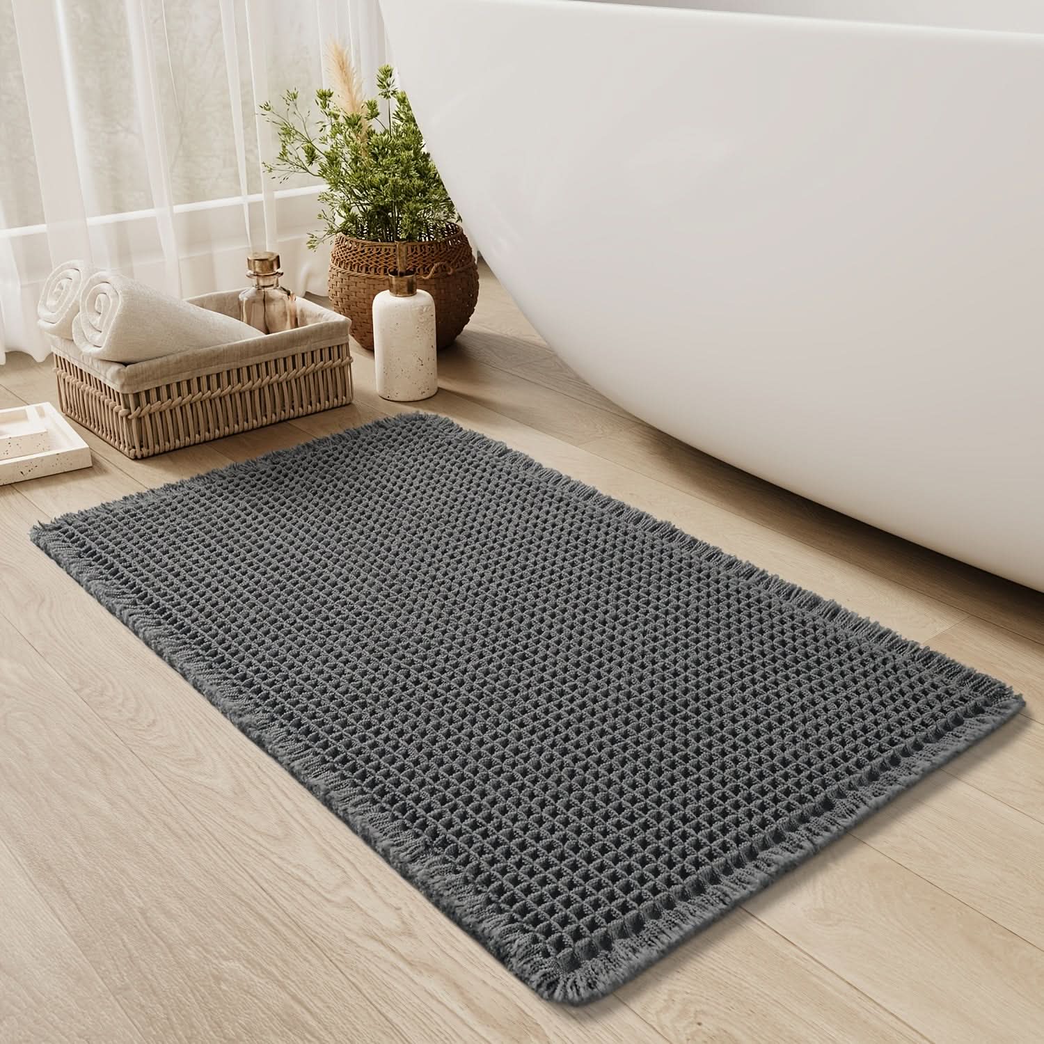 Luxurious Cotton Waffle Bath Rug with Non-Slip Backing