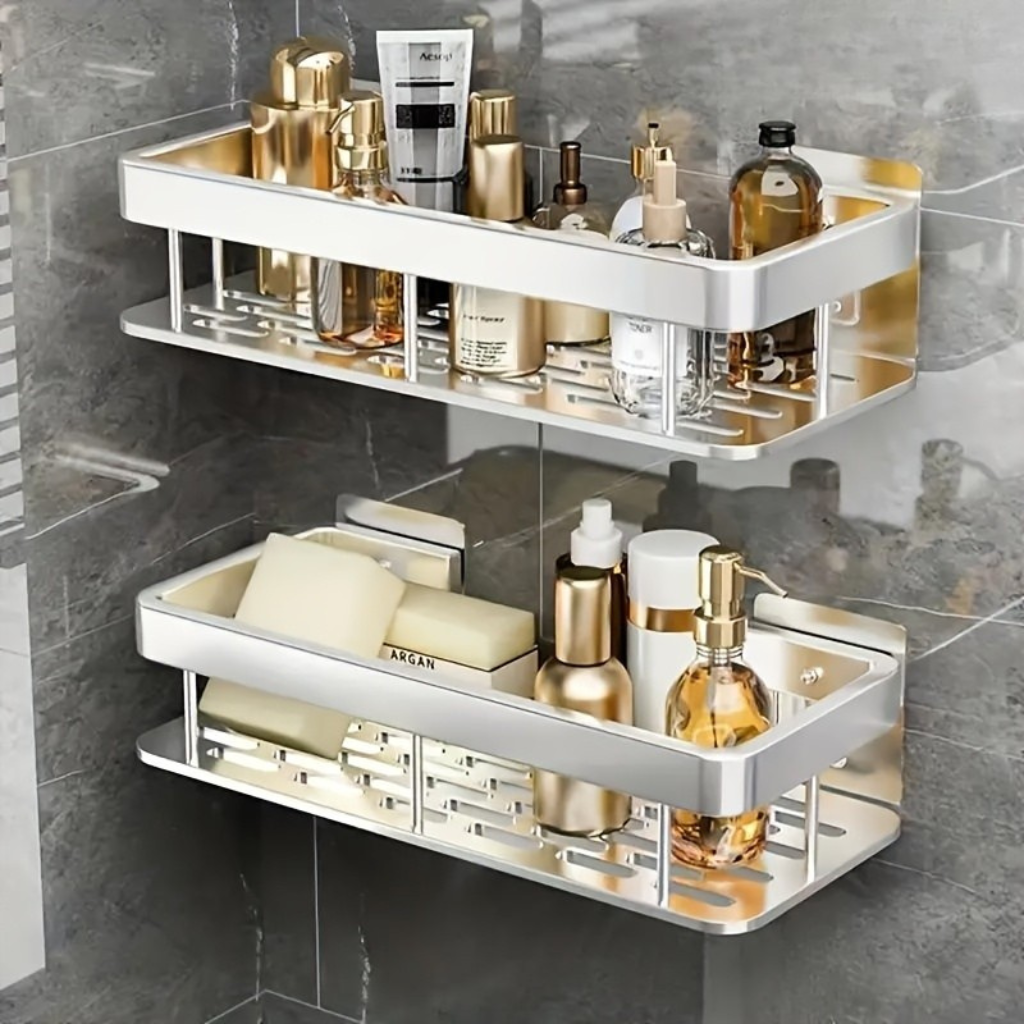 Two-Tier Adhesive Shower Organizer for Easy Bathroom Storage